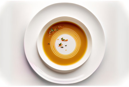 dish of broth isolated on white backdropの素材