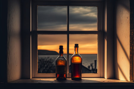 empty bottles with a window view of the drab skyの素材