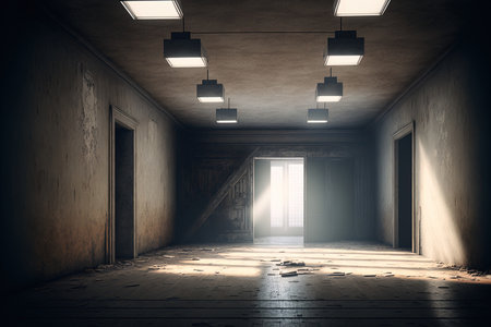 interior of a grungy room with downlightsの素材