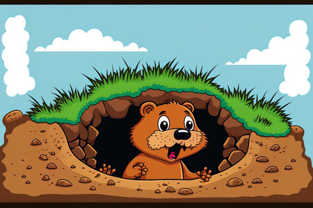 Groundhog in cartoon peering out of holeの素材