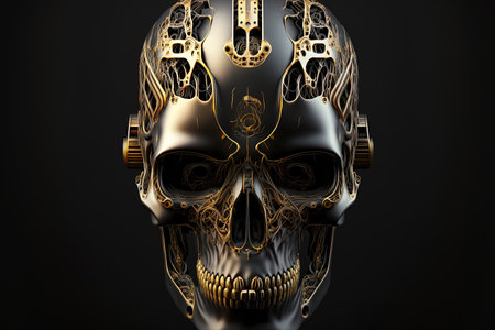 Skull of a human size robot isolated on blackの素材