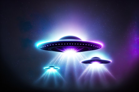 UFOs with a blue and purple light beam are alien spacecraftの素材