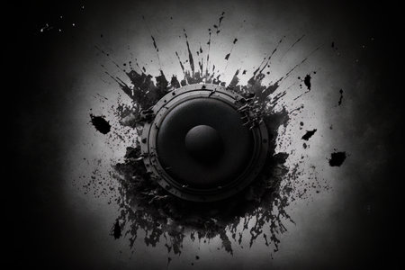 a musical idea. Black damaged wall backdrop with a black sound speaker. illustrationの素材
