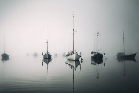 Various boats on a body of water are seen in a vertical picture against a foggy skyの素材