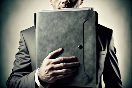 business people, money, and paperwork concept guy clutching folderの素材
