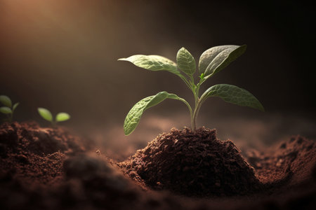 a plant growing in sunny soil. green Earth Day ideaの素材