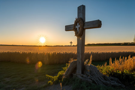 field with grain harvest and wooden crucifix in the foregroundの素材
