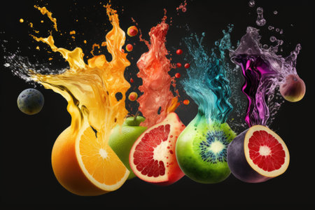 The splattering sounds of various fruit juices. Juice made from a variety of fruitsの素材