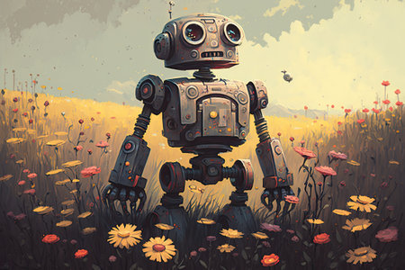 Vintage robot on a floral field, painted in the style of digital artの素材