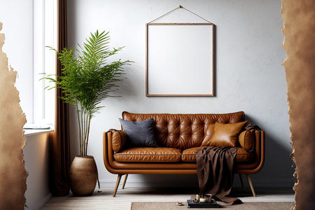 mock up of a wall in a Scandinavian style home with vintage brown leather furnishingsの素材