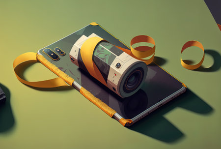 smartphone in a high angle shot with duct tapeの素材