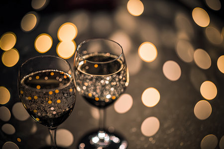 Wineglasses on the table are reflected in silver confettiの素材