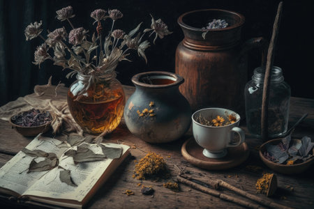Topic of alternative medicine. Cups of tea and dried flowers and herbs. Old fashioned wooden deskの素材