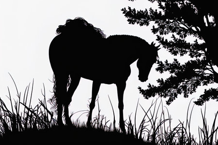 Stunning picture of a black horse chewing grassの素材