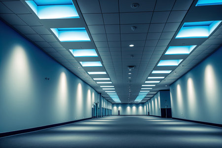 a contemporary exhibition hall with diode lighting beneath the ceiling lampsの素材