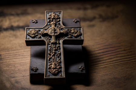 idea of a Christian. Jesus Christ black cross in close up on an ancient wooden tableの素材