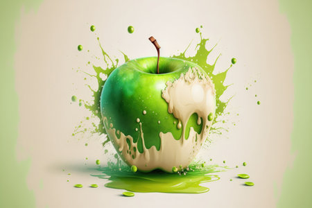 On a white background, a fresh green apple is seen with a splashの素材