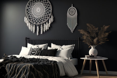 Interior of bedroom with a black wall, bohemian furnishings, and a white bed,の素材