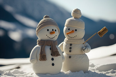 Two plastic snowmen on a sunny, chilly day in a ski resort. winter getawayの素材