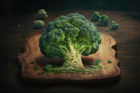 the green broccoli on the wooden boardの素材