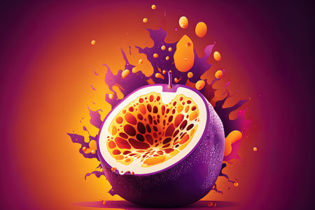 Artwork of a passion fruit on a purple backdropの素材