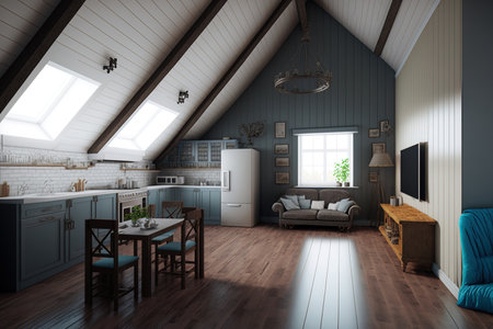 big interior of a house with a studio kitchen and a living roomの素材