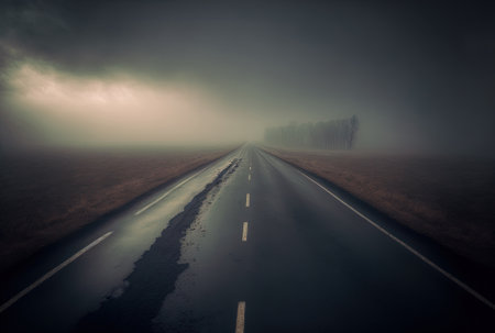 Stunning scene of a deserted asphalt road under a foggy skyの素材