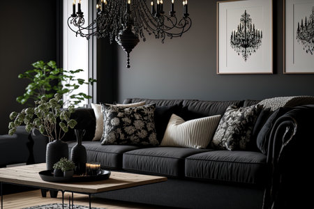 In a modern living area with black chandelier hangs above the couchの素材