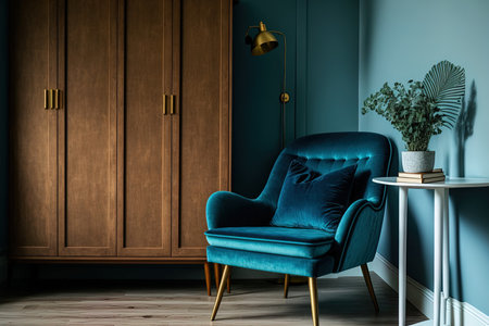 Interior of a living room with a cupboard and a blue velvet chairの素材