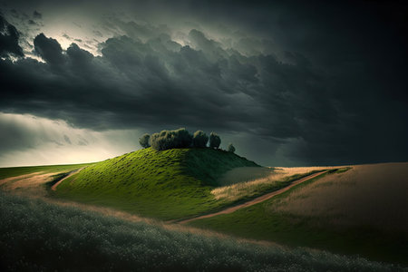 Stunning picture of a field on a hill under an overcast skyの素材