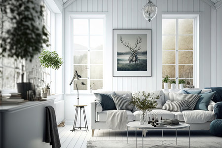 Living room with a contemporary white Scandinavian interior designの素材