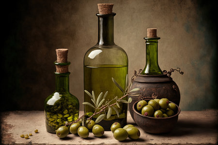 assortment of green olives with glass bottles of olive oilの素材