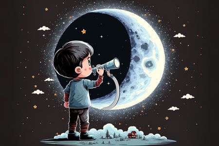 Youngster pointing at the moonの素材