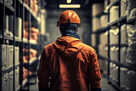 Worker wears an orange helmet at a storehouseの素材
