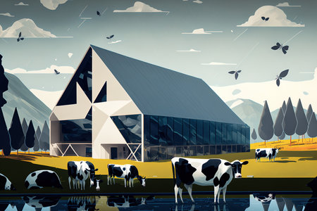 exterior of a cow farm with contented animalsの素材