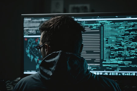 close up of man planning hacker attack in dark roomの素材
