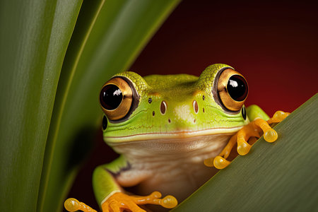 Male Javan tree frog, rhacophorus reinwardtii tree frog, close up faceの素材