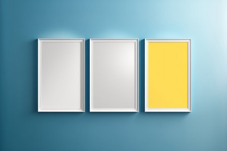 Mockups of three white posters with a reflection on a blue and yellow backgroundの素材