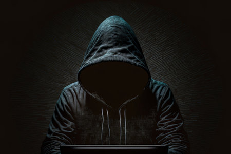 A hacker is sitting at a laptop, looking straight ahead, wearing a black hoodieの素材