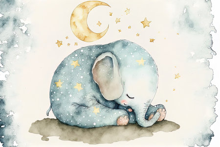 watercolor depiction of a cute baby elephant nappingの素材