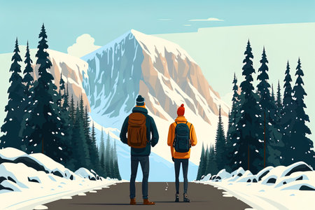 Near the snowy peak, two tourists are standing on the roadの素材