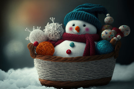 Toy snowman in a basket with holiday ornaments. snow drawing magic effects are mildの素材