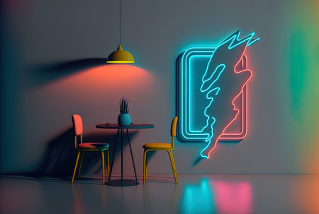 Neon lighting, a simple product backdrop, and a white wallの素材