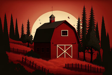 solitary red barn shown in a cartoonの素材