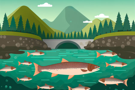 Trout farm, underwater landscape, and river trout swimmingの素材