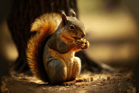 Gorgeous image of a lovely fox squirrel munching on a hazelnut in the shade of a treeの素材