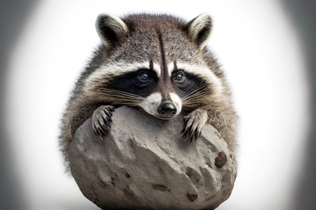 Funny raccoon portrait on a white backdrop with a rock motionの素材