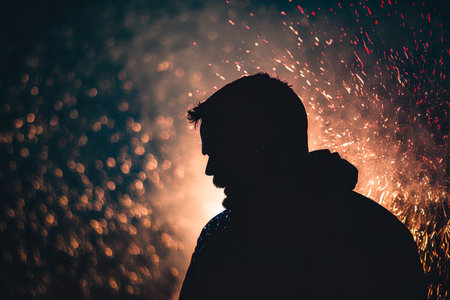Man in silhouette with backdrop fireworks selective focus background blurの素材