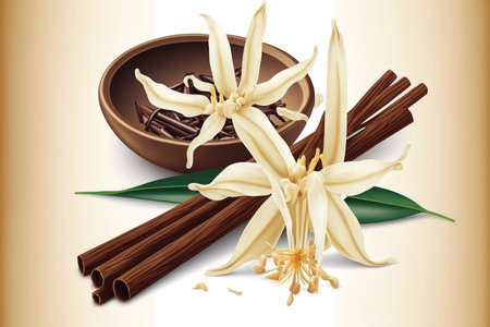 Vanilla orchid flowers with dried vanilla sticks.の素材