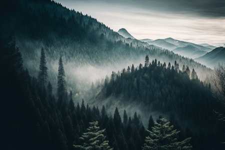 fir forest and misty Carpathian mountains with tree tops poking through the mistの素材